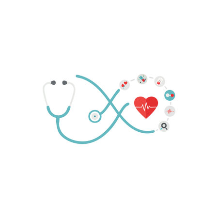 Vector illustration shows a stethoscope forming a heart shape with medical icons representing health monitoring and care in a clean style calm mood.のイラスト素材
