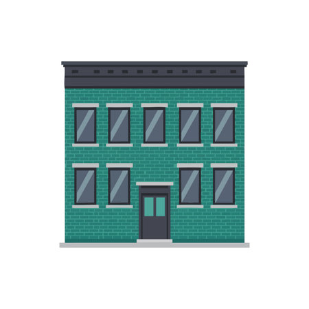 Illustration shows a green brick building facade with two rows of symmetrical windows and a dark roof, in a clean flat style. Calm atmosphere.のイラスト素材