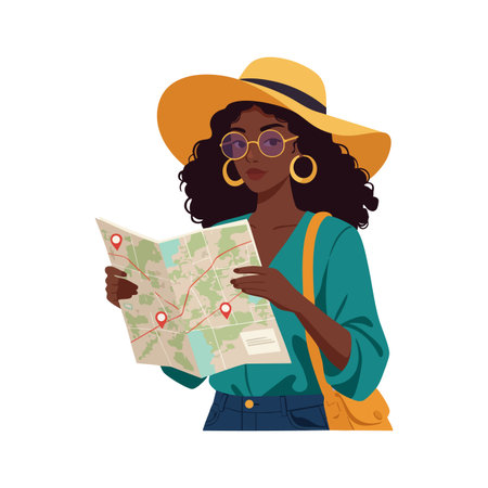 Woman wearing hat and glasses studies a map with location markers, planning a trip with curiosity and focus. Calm mood.のイラスト素材
