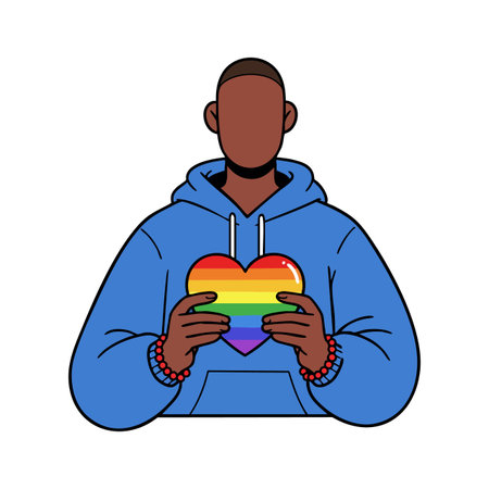 Illustration shows a person wearing a blue hoodie holding a rainbow heart symbol representing LGBTQ pride with a supportive mood.のイラスト素材