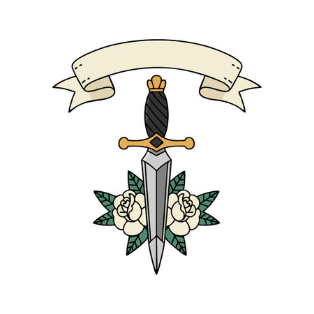 This vector illustration shows a sword piercing white roses with green leaves and a blank ribbon banner above in vintage style. Calm mood.のイラスト素材