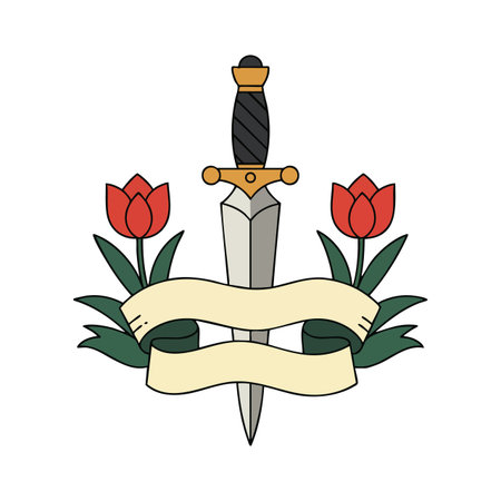 This vector illustration features a dagger centered between red tulips with a blank ribbon banner below, creating a bold and decorative design. Calm.のイラスト素材