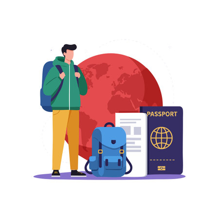 Illustration shows a traveler standing with backpack, passport, and documents in front of a globe, symbolizing international travel and adventure. Calm mood.のイラスト素材
