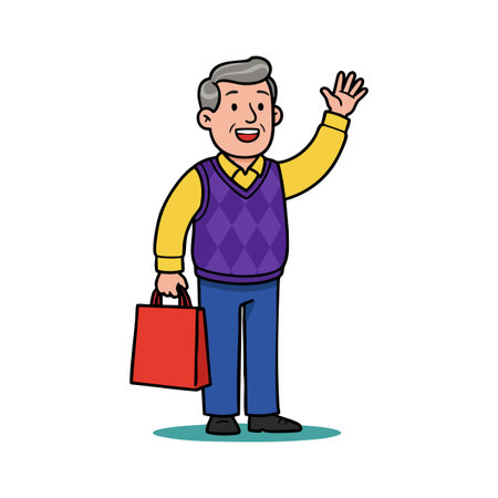 Illustration shows elderly man in yellow shirt and purple vest waving while holding a red shopping bag, smiling happily. Friendly mood.のイラスト素材