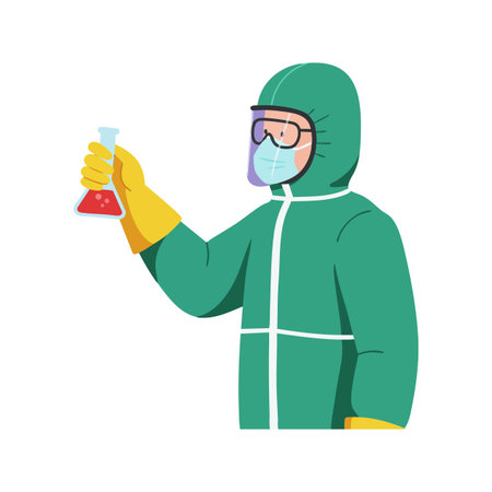 Scientist wearing green protective suit and gloves holds a flask with red liquid in a lab setting, depicting careful experimentation. Professional mood.のイラスト素材