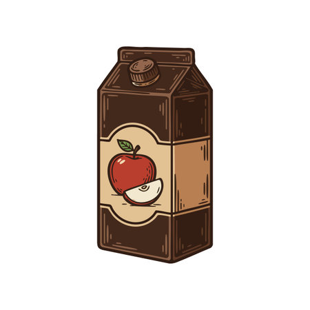 Illustration shows a brown apple juice carton with a red apple label in vintage style. The vector has a classic and rustic mood.のイラスト素材