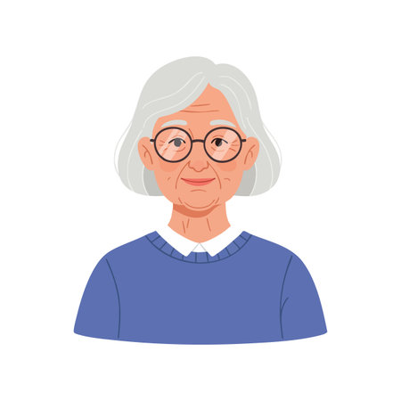 Illustration of an elderly woman with gray hair and round glasses wearing a blue sweater in portrait orientation, conveying calm and wisdom.のイラスト素材