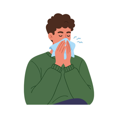 Illustration shows a man sneezing into a tissue while wearing a green sweater, highlighting health and hygiene practices. Calm mood.のイラスト素材