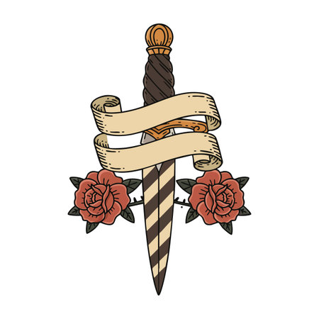 Vector illustration shows a dagger with brown handle, striped blade, two red roses, and a blank scroll banner in vintage tattoo style, dramatic mood.のイラスト素材
