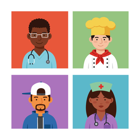 Illustration shows diverse professional avatars including doctor, chef, nurse, and casual man with distinct background colors in square format, friendly mood.のイラスト素材