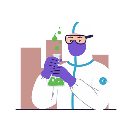 Scientist wearing goggles and purple gloves examines green bubbling chemical in a test tube in laboratory setting, conveys focus and precision.のイラスト素材