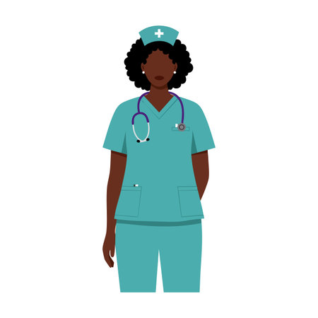 Illustration of a nurse wearing teal scrubs and a stethoscope, representing medical healthcare and nursing profession, with a calm and professional mood.のイラスト素材
