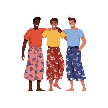 Illustration shows three diverse young men standing close with arms around each other, smiling cheerfully and showing friendship. Friendly mood.のイラスト素材
