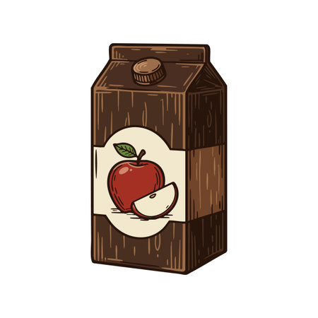 Vector image shows a brown carton with a red apple and slice illustration on the label, presenting a natural beverage product in classic style. Calm.のイラスト素材