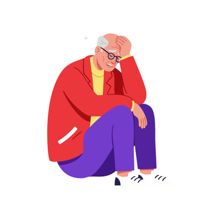 Illustration shows an elderly man in colorful clothes sitting thoughtfully with hand on forehead, conveying contemplation and concern mood.のイラスト素材