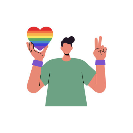 Illustration shows a person holding a rainbow heart and making a peace sign, expressing LGBTQ pride and harmony, with a calm mood.のイラスト素材