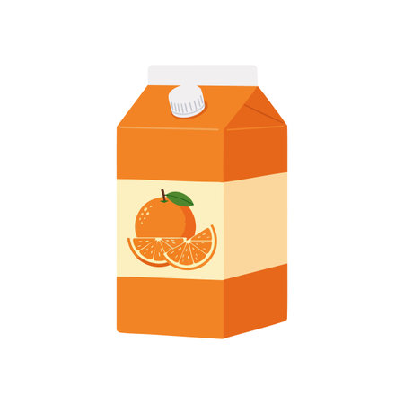 This vector shows an orange juice carton with sliced citrus fruit illustration, featuring bright orange and cream colors in a clean style. Cheerful.のイラスト素材