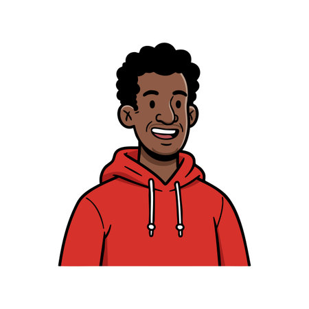 Illustration shows a young man with curly hair smiling and wearing a red hoodie in a portrait orientation. Cheerful and friendly mood.のイラスト素材