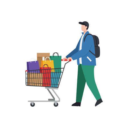 Illustration shows a man pushing a shopping cart filled with colorful bags, wearing casual clothes and a backpack, in a simple flat style. Cheerful mood.のイラスト素材