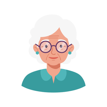 Illustration shows an elderly woman with white hair, round glasses, and turquoise blouse, presenting a calm and gentle expression. Friendly mood.のイラスト素材