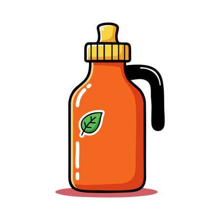 This vector image features an orange reusable water bottle with a yellow cap and green leaf graphic, standing on a red shadow. Bright and cheerful.のイラスト素材