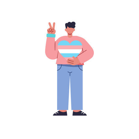 Vector illustration of a person wearing a pink shirt with transgender pride colors showing a peace sign gesture. Calm and positive mood.のイラスト素材