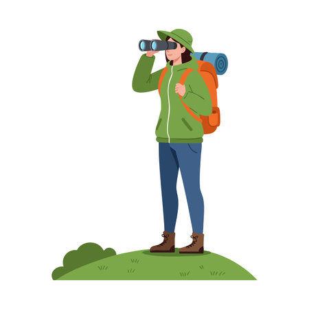 A female hiker looks through binoculars while standing on a grassy hill wearing a green jacket and orange backpack, enjoying outdoor adventure. Calm mood.のイラスト素材
