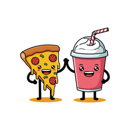 Illustration shows a smiling pizza slice and pink milkshake holding hands, expressing friendship and joy in a playful style. Cheerful mood.のイラスト素材