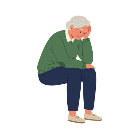 Illustration shows elderly woman sitting with sad expression, wearing green sweater and navy pants, conveying loneliness and contemplation mood.のイラスト素材