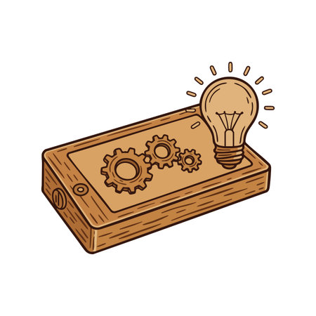 Illustration shows a wooden mobile phone with gears on screen and a glowing light bulb above, symbolizing creative technology and innovation idea. Bright mood.のイラスト素材