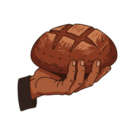 Illustration of a hand holding a round loaf of bread with a crusty surface, emphasizing freshness and warmth, creating a cozy mood.のイラスト素材