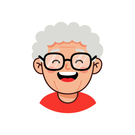 Elderly woman with curly white hair and glasses smiles warmly wearing a red shirt in a joyful and friendly style illustration. Cheerful mood.のイラスト素材