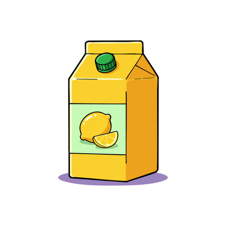 Illustration shows a lemon juice carton container with a green cap and yellow packaging standing on a purple shadow, bright and simple mood.のイラスト素材