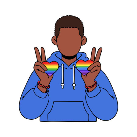Person dressed in a blue hoodie holds rainbow-colored hearts and makes peace signs with both hands in a supportive, positive mood.のイラスト素材