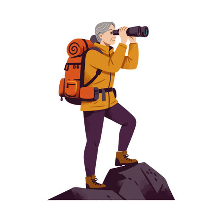 Senior woman hiker stands on rock using binoculars to explore nature while carrying a large backpack in an outdoor adventure scene. Calm mood.のイラスト素材