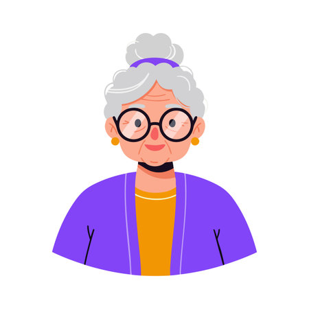 Illustration shows elderly woman with gray hair in bun, round glasses, purple cardigan, and orange shirt, conveying calm and wisdom.のイラスト素材
