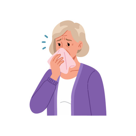 Illustration of an elderly woman sneezing into a handkerchief, showing symptoms of illness and discomfort, conveying a worried mood.のイラスト素材