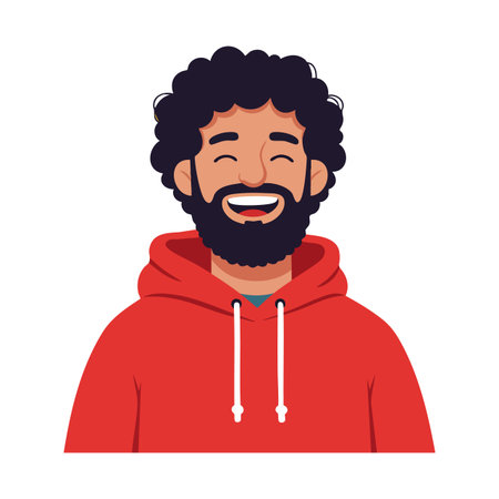 Illustration shows a happy man with curly hair and beard wearing a red hoodie, smiling warmly and...
