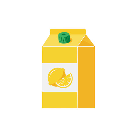 Illustration shows a yellow lemon juice carton with a green cap, featuring lemon fruit design and bright colors. Clean and fresh mood.のイラスト素材