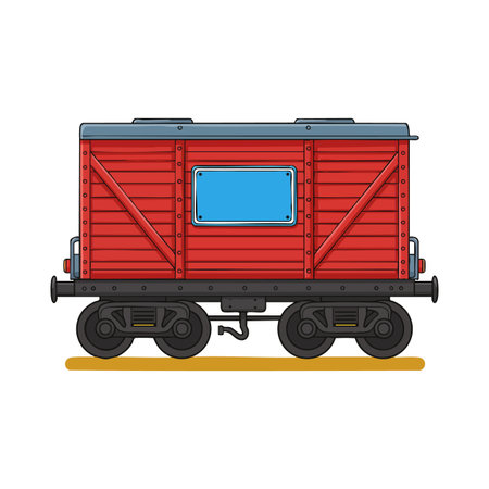 Illustration shows a red vintage freight train carriage with a blue window in side view on a track, conveying a nostalgic and calm mood.のイラスト素材
