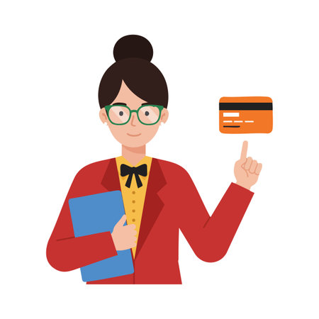 Woman in red blazer holding blue folder and pointing at orange credit card with glasses and bun hairstyle, confident and professional mood.のイラスト素材