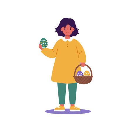 Girl stands holding decorated Easter eggs in a basket wearing yellow sweater and green pants, presenting a festive spring scene. Cheerful mood.のイラスト素材