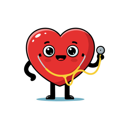 Vector illustration shows a happy heart character holding a stethoscope representing medical health care, conveying a cheerful and caring mood.のイラスト素材
