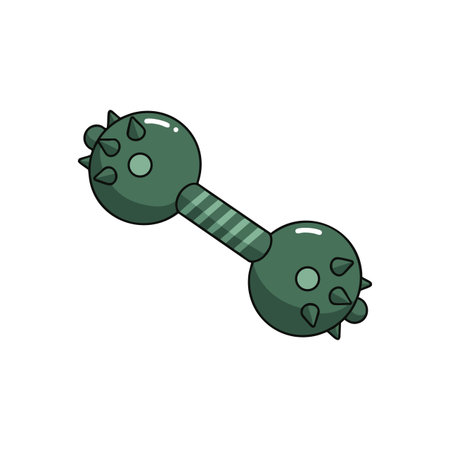 Illustration of a green medieval spiked mace weapon with a striped handle used in fantasy games and stories, shown on a white background, simple style. Calm.のイラスト素材