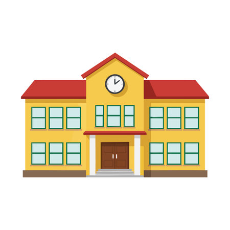 Vector illustration shows a yellow school building with multiple windows, brown doors, and a clock tower in flat design style. Cheerful.のイラスト素材