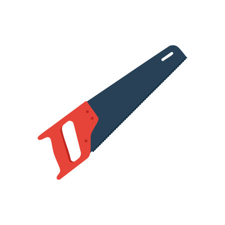 Illustration shows a handsaw with red handle and dark blue blade used for cutting wood in construction and DIY projects, simple and clear style.のイラスト素材