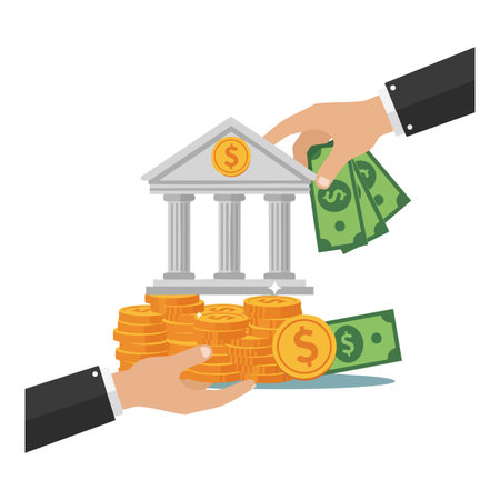 Vector shows hands exchanging cash and coins with a bank building symbolizing financial transactions and savings. Professional and clear.のイラスト素材