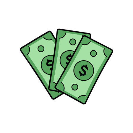 Illustration shows three green money bills stacked with dollar signs, outlined in black, on a white background, conveying financial concept. Calm mood.のイラスト素材
