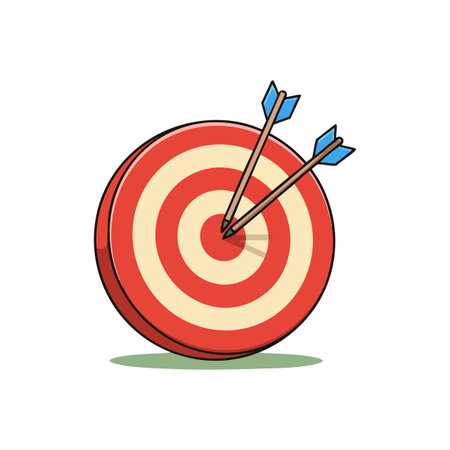 Illustration shows a red and white dartboard with two blue arrows hitting the bullseye, symbolizing precision and accuracy in a simple style. Calm mood.のイラスト素材