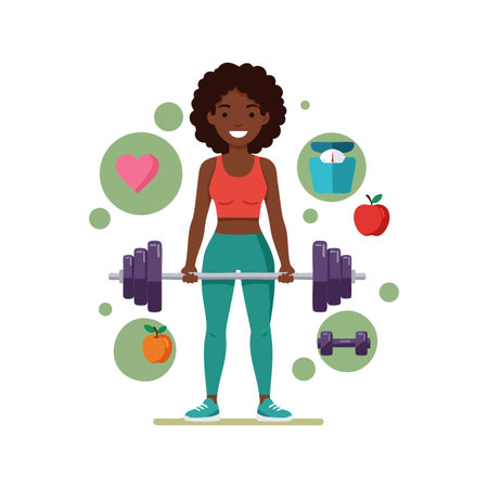 Woman lifts barbell surrounded by healthy lifestyle icons such as heart, scale, apple, and dumbbell in a bright flat style. Energetic mood.のイラスト素材